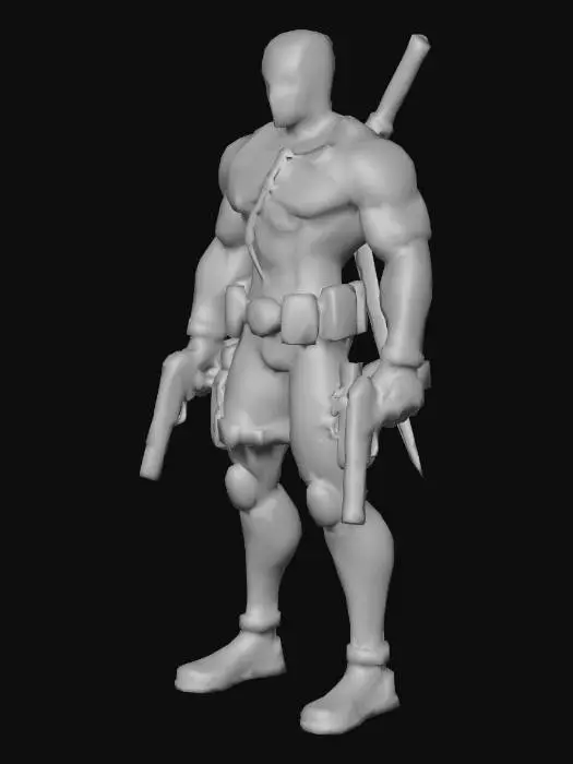 3D model for Deadpool con las katanas en la espalda y las pistolas en las manos
