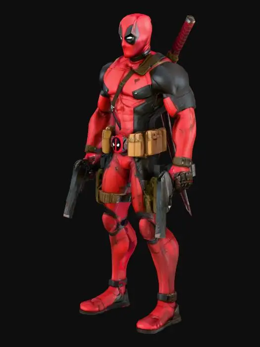 3D model for Deadpool con las katanas en la espalda y las pistolas en las manos
