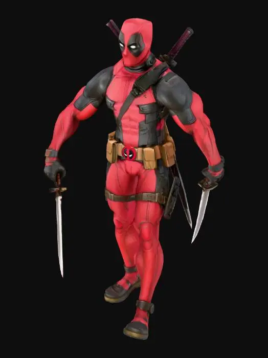 3D model for Deadpool con las katanas en la espalda y las pistolas en sus fundas y en las manos sus katanas
