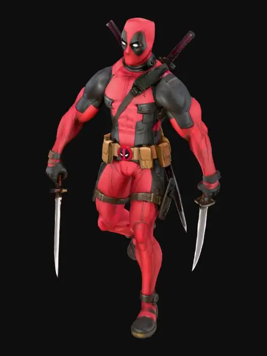 3D model for Deadpool con las katanas en la espalda y las pistolas en sus fundas y en las manos sus katanas
