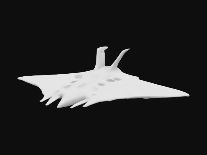 3D model for Biopunk organic manta ray space ship armored full body concept with painterly realistic shading, matte and gloss highlights on joints. Organic, Samus Metroid, Giger alien style holes and ribbed details, doom, 40k, Alien
