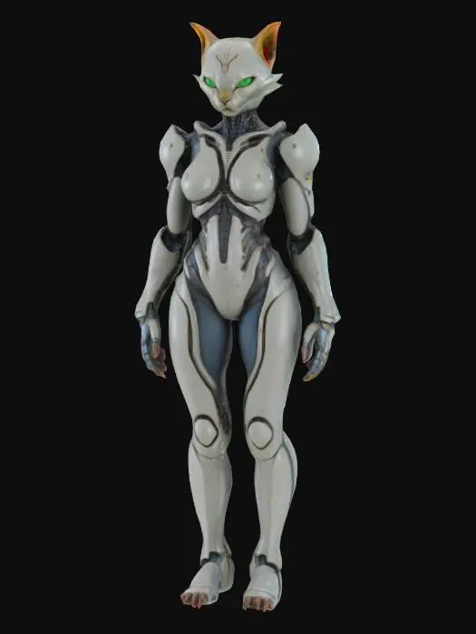 3D model for Biopunk organic female armored full body humanoid with cat ears character concept with painterly realistic shading, matte and gloss highlights on joints. Organic, Samus Metroid, Giger alien style holes and ribbed details, doom, 40k, Alien
