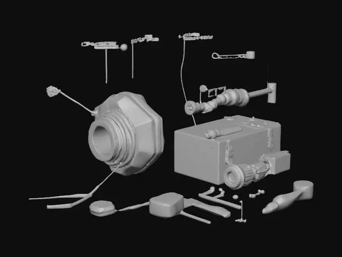 3D model for Compact rugged geotechnical sensor (18–22 cm L × 8–10 cm Ø) for slopes, dams, structures. Semi-cyl/hex IP68 matte-gray body with ribs, seals, color rings, M6 flanges, pads, etched marks, sealed ports. Sensors: Piezometer steel probe; Accel+Gyro PCB at core; Thermistor side tip; Crack Meter telescopic rod; Strain Gauges on beam; Inclinometer MEMS capsule; Extensometer spring rods + e-paper. Internals: Li-ion bat, USB-C board, MCU PCB, cables, O-rings, LEDs, NFC tag. Scene: On concrete block with tools, light wear. Two renders: closed + exploded. PBR materials, triangulated GLTF, clean hierarchy, 3-point lighting.