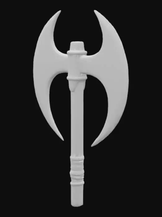 3D model for {
  "Object": "Double-sided axe with Viking designs",
  "Material": "Forged iron head, wooden handle with leather wraps",
  "Shape/Form": "Symmetrical crescent-shaped blades on both sides, long cylindrical handle with a carved grip",
  "Color Scheme": "Dark metallic grey for blades, aged brown for handle, dark red leather wraps",
  "Texture Details": "Rough, battle-worn blades with Norse engravings; wood grain handle with visible wear; leather wrap is cracked and weathered",
  "Style": "Realistic",
  "Environment/Use Context": "Displayed on a wooden wall mount or resting against a Viking shield",
  "Reference Models": "Inspired by historical Norse axes and 'God of War' design aesthetics"
}
