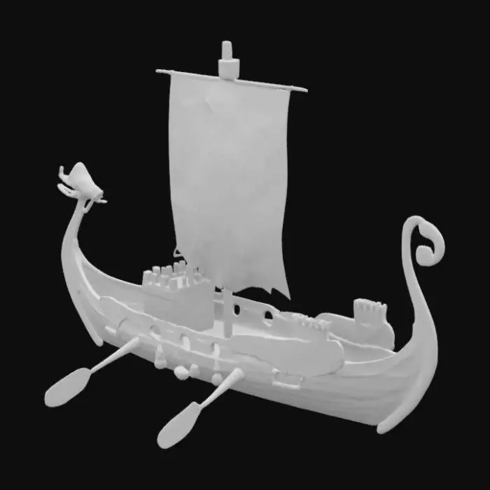 3D model for a Viking Ship with Paddles and oars and a Flag with the animal Heron on it and there is no invisible stuff