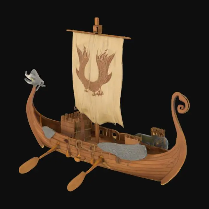 3D model for a Viking Ship with Paddles and oars and a Flag with the animal Heron on it and there is no invisible stuff