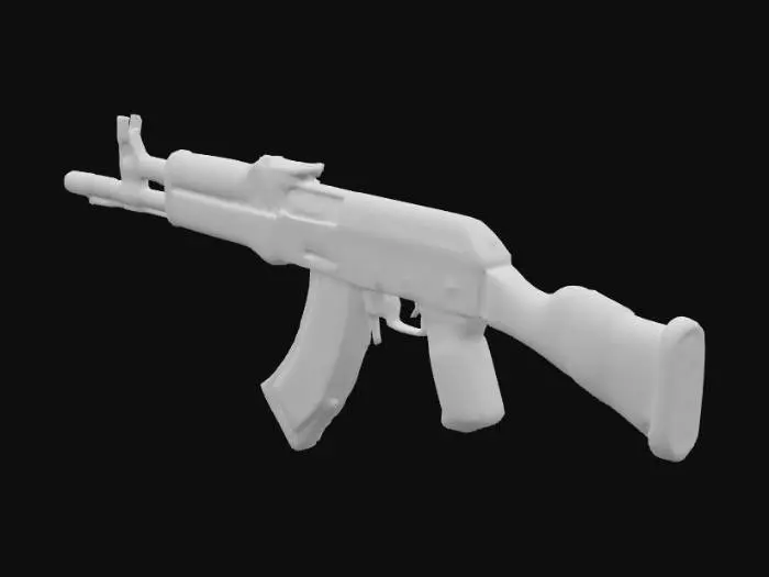3D model for Грубый, изношенный автомат, напоминающий АК-47, демонстрирует следы полевых модификаций. Металлические части покрыты патиной, ржавчиной и глубокими царапинами. Приклад и цевье изготовлены из потертого, местами потрескавшегося дерева или обмотанного изолентой пластика. Конструкция кажется импровизированной, с видимыми креплениями из проволоки или скотча. Поверхности тусклые, матовые, преобладают темные металлические оттенки, дополненные выцветшими зелеными или коричневыми деталями. Ощущается шероховатость и неровность грубых материалов.