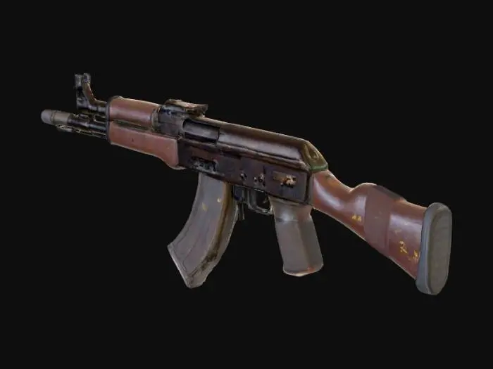 3D model for Грубый, изношенный автомат, напоминающий АК-47, демонстрирует следы полевых модификаций. Металлические части покрыты патиной, ржавчиной и глубокими царапинами. Приклад и цевье изготовлены из потертого, местами потрескавшегося дерева или обмотанного изолентой пластика. Конструкция кажется импровизированной, с видимыми креплениями из проволоки или скотча. Поверхности тусклые, матовые, преобладают темные металлические оттенки, дополненные выцветшими зелеными или коричневыми деталями. Ощущается шероховатость и неровность грубых материалов.