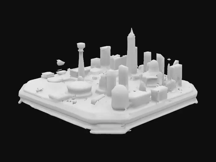 3D model for Create a detailed 3-D city model of Mexico City placed on a single floating transparent hexagonal baseplate.
– Style: realistic yet slightly stylized clean low-poly geometry 
– Terrain: flat high-plateau with subtle relief of the Valley of Mexico, tinted in sand/ochre tones  
– Landmarks: Palacio de Bellas Artes (white marble, golden dome), Torre Latinoamericana, Catedral Metropolitana with Zócalo plaza, Monumento a la Revolución, Estadio Azteca, distant silhouettes of Popocatepetl & Iztaccíhuatl volcanoes  
– Street network: main avenues emphasized, secondary streets hinted, showing the city’s grid-plus-diagonal pattern  
– Vegetation: sparse, with a green island for Chapultepec Park  
– Materials: buildings matte, slightly rough;
