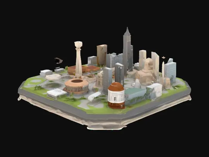 3D model for Create a detailed 3-D city model of Mexico City placed on a single floating transparent hexagonal baseplate.
– Style: realistic yet slightly stylized clean low-poly geometry 
– Terrain: flat high-plateau with subtle relief of the Valley of Mexico, tinted in sand/ochre tones  
– Landmarks: Palacio de Bellas Artes (white marble, golden dome), Torre Latinoamericana, Catedral Metropolitana with Zócalo plaza, Monumento a la Revolución, Estadio Azteca, distant silhouettes of Popocatepetl & Iztaccíhuatl volcanoes  
– Street network: main avenues emphasized, secondary streets hinted, showing the city’s grid-plus-diagonal pattern  
– Vegetation: sparse, with a green island for Chapultepec Park  
– Materials: buildings matte, slightly rough;
