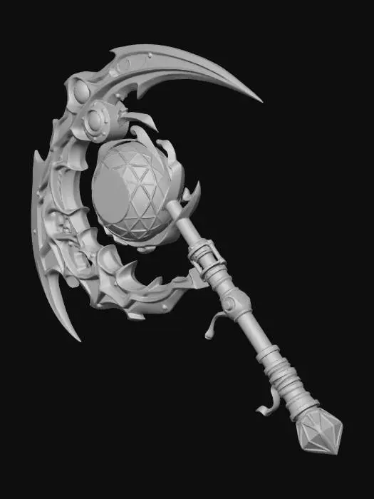 3D model for A highly detailed dark fantasy scythe with a black hole core. 
The blade is large, curved, and made of dark metal with jagged edges. 
At the center is a glowing black hole orb with purple and blue swirling energy, bending light around it. 
The handle is long, metallic and partially wrapped in worn leather, with glowing runes engraved. 
Cinematic lighting, ultra detailed, high poly, realistic materials, emissive glow, volumetric energy