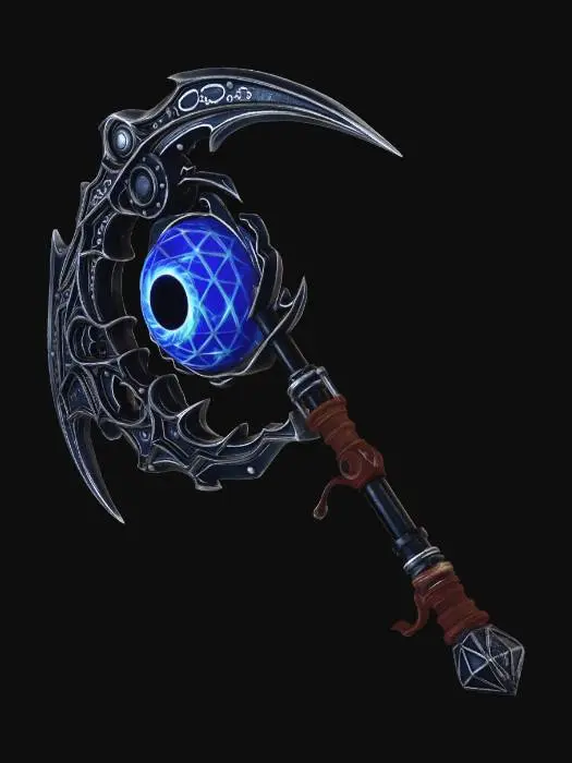 3D model for A highly detailed dark fantasy scythe with a black hole core. 
The blade is large, curved, and made of dark metal with jagged edges. 
At the center is a glowing black hole orb with purple and blue swirling energy, bending light around it. 
The handle is long, metallic and partially wrapped in worn leather, with glowing runes engraved. 
Cinematic lighting, ultra detailed, high poly, realistic materials, emissive glow, volumetric energy