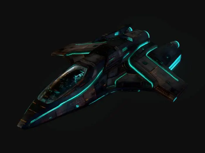 3D model for A standalone sleek sci-fi spaceship 3D model floating in outer space, detailed hull panels with neon teal accent lines, glowing engine exhausts, a transparent cockpit revealing a tiny detailed interior. Battle-worn surface with subtle scratches and heat marks. Deep space nebula background, warm cinematic lighting, hyper-detailed standalone 3D model.