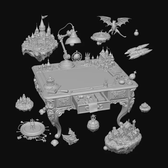 3D model for A magical floating wooden desk in outer space, glowing holographic blueprints on the surface, surrounded by dozens of miniature 3D models orbiting like planets โ a medieval castle, a glowing dragon, a sci-fi spaceship, a tiny village. Warm amber desk lamp light, deep space background with nebula, teal and gold accent lighting. Whimsical, cinematic, hyper-detailed, 3D render.