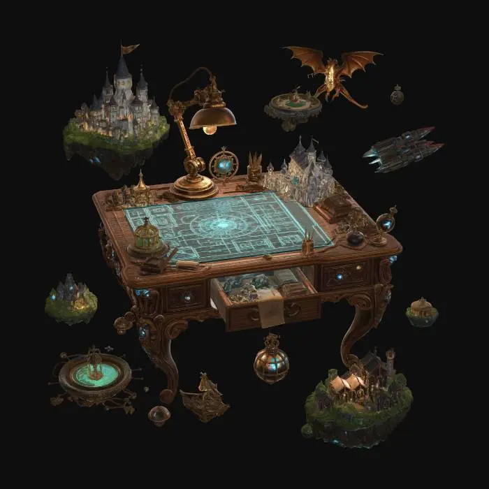 3D model for A magical floating wooden desk in outer space, glowing holographic blueprints on the surface, surrounded by dozens of miniature 3D models orbiting like planets โ a medieval castle, a glowing dragon, a sci-fi spaceship, a tiny village. Warm amber desk lamp light, deep space background with nebula, teal and gold accent lighting. Whimsical, cinematic, hyper-detailed, 3D render.