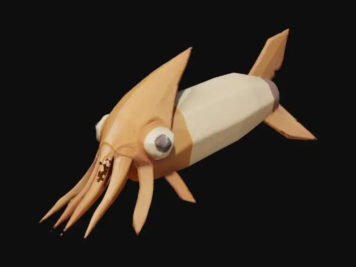 3D model for Geometric SquiA single low-poly squid-shaped torpedo, designed as a sleek and symmetrical underwater weapon with aerodynamic features. The body is streamlined and stylized like a squid, featuring angular tentacles, large mechanical eyes, and fin-like stabilizers. The color scheme includes shades of red, gray, and steel blue with subtle sci-fi accents. The torpedo is shown centered on a plain gray background. No environment or background elements. Only the object, isolated, no shadows