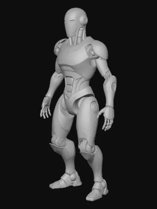 3D model for Un robot bípedo de diseño moderno y elegante, con una armadura de metal cepillado en tonos plateados y acentos de un azul eléctrico brillante. Sus articulaciones visibles sugieren movilidad, mientras que una pantalla facial lisa y unos ojos luminosos emiten un brillo azul. La superficie es suave al tacto pero con detalles finos de panelado y remaches decorativos.