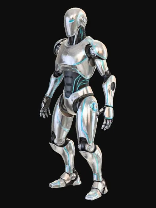 3D model for Un robot bípedo de diseño moderno y elegante, con una armadura de metal cepillado en tonos plateados y acentos de un azul eléctrico brillante. Sus articulaciones visibles sugieren movilidad, mientras que una pantalla facial lisa y unos ojos luminosos emiten un brillo azul. La superficie es suave al tacto pero con detalles finos de panelado y remaches decorativos.
