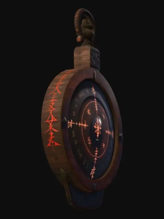 3D model for compass, dark ancient Japanese demonic artifact. Dark metal and wood, engraved runes, glowing markings, mystical.
