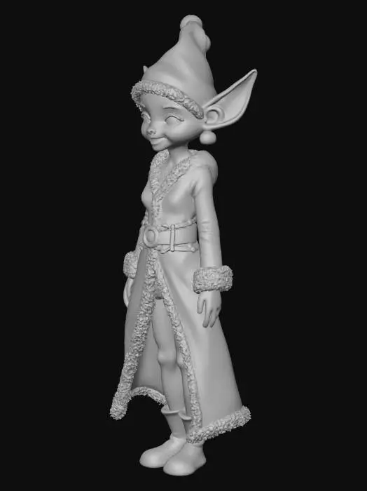 3D model for A slender fantasy elf, with luminous skin and long pointed ears, stands with a playful, mischievous grin. It wears a detailed Santa's elf costume crafted from rich green velvet and crimson trim, adorned with small brass bells and polished gold buckles. The fabric texture appears soft and luxurious, hinting at magical agility.