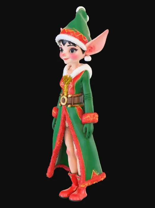 3D model for A slender fantasy elf, with luminous skin and long pointed ears, stands with a playful, mischievous grin. It wears a detailed Santa's elf costume crafted from rich green velvet and crimson trim, adorned with small brass bells and polished gold buckles. The fabric texture appears soft and luxurious, hinting at magical agility.