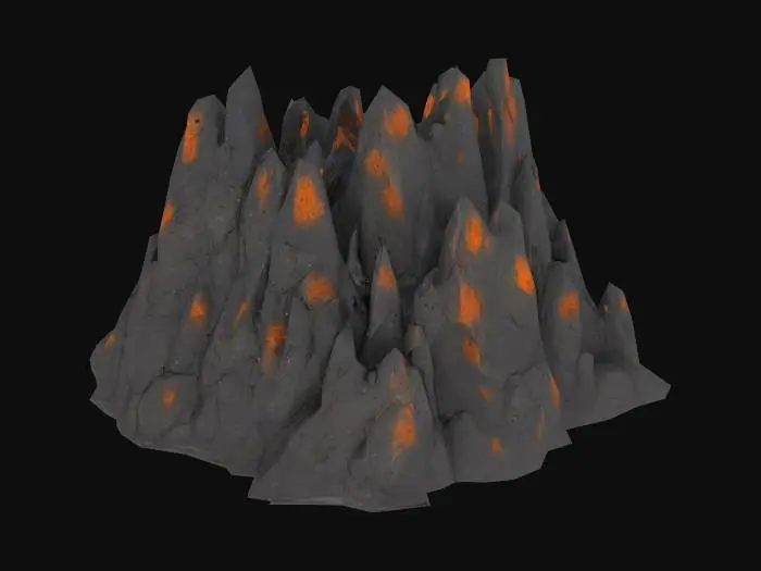 3D model for An immense, rugged volcanic rock formation anchors this section of the seafloor, rising dramatically from the depths. Its angular, fractured surfaces are a dark, almost black basalt, contrasting with patches of oxidized iron revealing rusty orange hues. The texture is rough and abrasive, covered in small, sharp crevices and barnacle-like growths that add a gritty, uneven feel. Its colossal, jagged shape creates deep shadows and imposing verticality, hinting at ancient, immense geological forces.