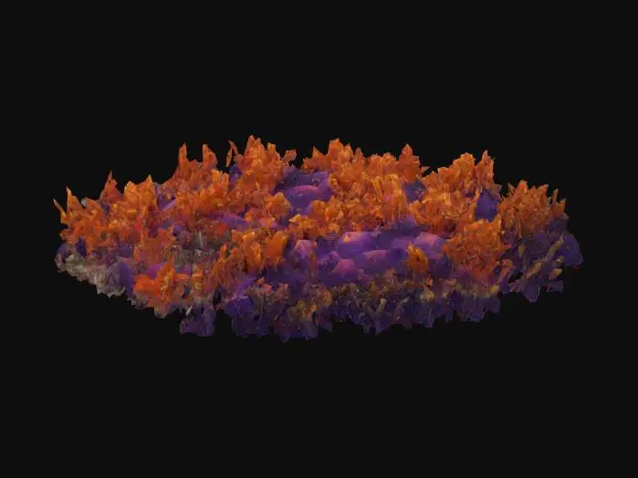 3D model for A sprawling, dense field of vibrant deep-sea sponges dominates this seafloor segment, designed for large-scale coverage. The sponges vary in size from small mounds to towering, intricately branched structures, their forms ranging from bulbous to fan-like. Their colors are an unexpected palette of deep purples, fiery oranges, and soft blues, with a porous, slightly rubbery texture. They appear soft yet firm, almost velvety to the touch, creating an otherworldly, organic landscape that fills a massive underwater area.