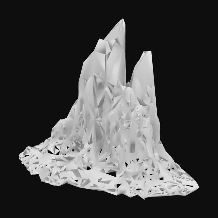 3D model for An immense, rugged volcanic rock formation anchors this section of the seafloor, rising dramatically from the depths. Its angular, fractured surfaces are a dark, almost black basalt, contrasting with patches of oxidized iron revealing rusty orange hues. The texture is rough and abrasive, covered in small, sharp crevices and barnacle-like growths that add a gritty, uneven feel. Its colossal, jagged shape creates deep shadows and imposing verticality, hinting at ancient, immense geological forces.