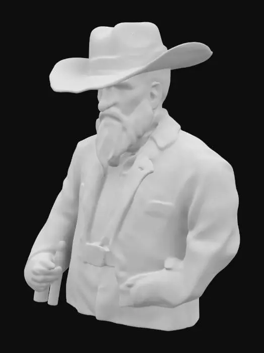 3D model for Create a detailed 3D model of a "uomo d'armi" for game rendering. He wears a black wide-brimmed hat and a thick black beard. His outfit includes a black jacket with brown leather accents, a red buttoned shirt, and a brown belt with a gold buckle. Dark trousers . The model should feature vivid colors, soft shadows, and warm lighting for realism. The style is slightly exaggerated yet intricately detailed, showcasing a dominant stance, clenched fists, and a menacing glare.