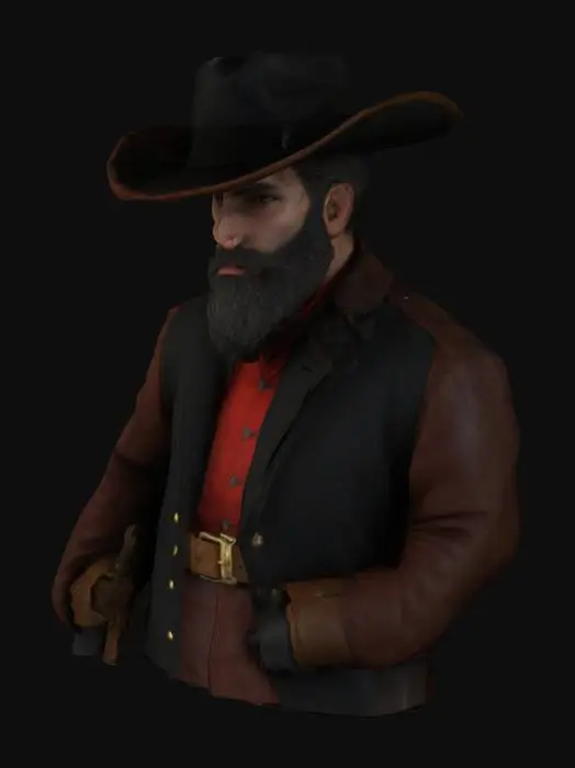 3D model for Create a detailed 3D model of a "uomo d'armi" for game rendering. He wears a black wide-brimmed hat and a thick black beard. His outfit includes a black jacket with brown leather accents, a red buttoned shirt, and a brown belt with a gold buckle. Dark trousers . The model should feature vivid colors, soft shadows, and warm lighting for realism. The style is slightly exaggerated yet intricately detailed, showcasing a dominant stance, clenched fists, and a menacing glare.