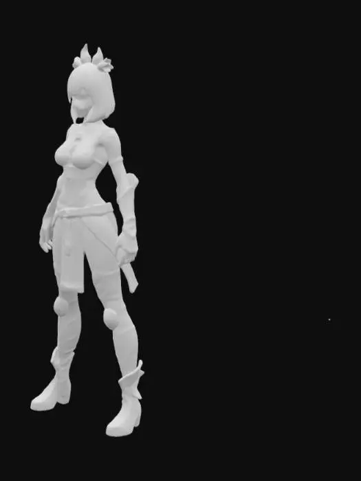 3D model for highly detailed 3D model of a female warrior inspired by Chun-Li, designed for 3D printing. She has a distinctive bob-cut hairstyle with thick bangs, a strong yet feminine physique with wide hips and a slim waist. She wears a modernized combat outfit with intricate textures and folds, emphasizing a powerful stance. Her muscular legs and dynamic pose showcase her agility and strength. The model is optimized for 3D printing, ensuring clean details and proper support structures.