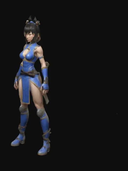 3D model for highly detailed 3D model of a female warrior inspired by Chun-Li, designed for 3D printing. She has a distinctive bob-cut hairstyle with thick bangs, a strong yet feminine physique with wide hips and a slim waist. She wears a modernized combat outfit with intricate textures and folds, emphasizing a powerful stance. Her muscular legs and dynamic pose showcase her agility and strength. The model is optimized for 3D printing, ensuring clean details and proper support structures.