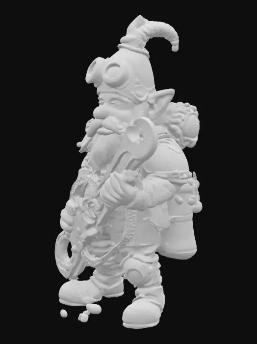 3D model for Heavyly armored gnome engineer creature holding an powerful wrench. Detailed face and weapon. It is covered in mud and oil. It wears a steampunk style cap with goggles and a built-in torch. Epic colors.
