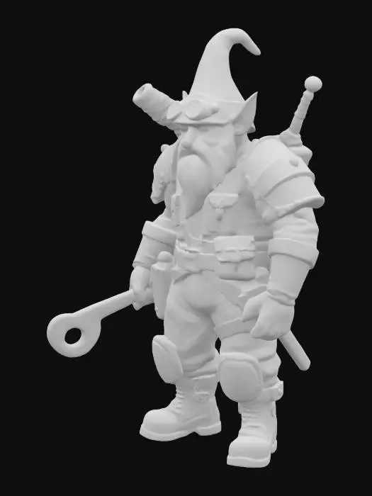 3D model for Heavyly armored gnome engineer creature holding an powerful wrench. Detailed face and weapon. It is covered in mud and oil. It wears a steampunk style cap with goggles and a built-in torch. Epic colors.