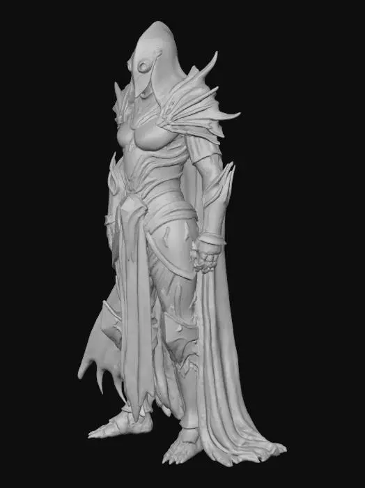 3D model for A menacing humanoid figure encased in heavy, dark obsidian armor, its surface intricately etched with sharp, jagged patterns. The material appears incredibly dense and battle-worn, with deep scratches and a dull, non-reflective finish that absorbs light. A large, featureless helmet completely obscures any hint of a face, giving it an inscrutable and terrifying presence. Its bulky silhouette suggests immense strength and an imposing, unyielding posture.