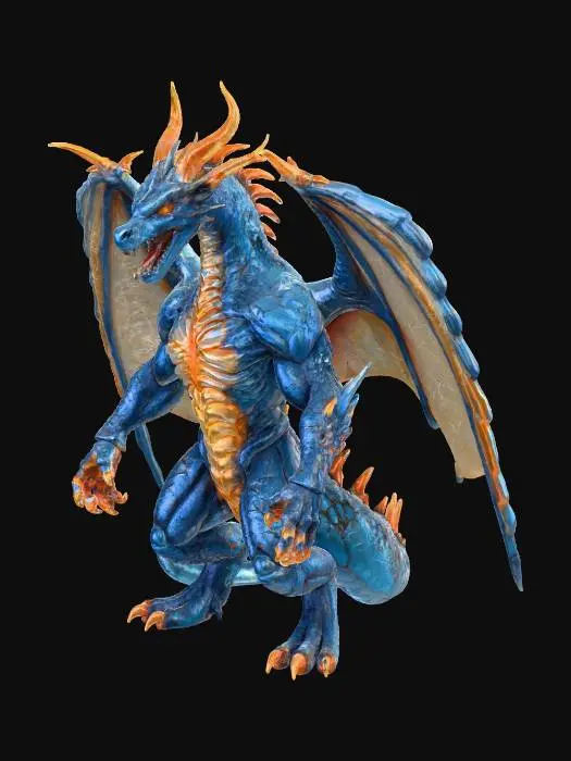 3D model for An epic dragon warrior, poised in an aggressive, imposing posture, boasts a muscular, bipedal frame. Its body is encased in thick, overlapping glacial scales, interspersed with jagged, crystalline blue plating and glowing cracks that reveal molten orange energy within. A fearsome draconic head, featuring a snarling expression, sharp horns, and intense fiery eyes, crowns its form. Massive, leathery wings with torn, barbed edges unfurl from its back, while its powerful limbs end in razor-sharp claws., #villain#