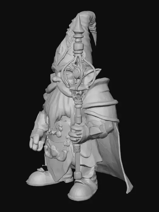 3D model for Heavyly armored gnome mage creature holding an astral weapon. Detailed face and weapon. The creature came through a portal from another world.