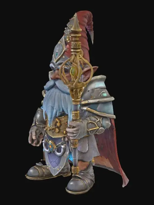 3D model for Heavyly armored gnome mage creature holding an astral weapon. Detailed face and weapon. The creature came through a portal from another world.