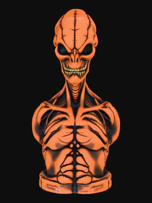3D model for #Halloween2025#, A detailed 3D render of a Giger-style Halloween pumpkin-faced creature, alien skin textured with pumpkin-like patterns, orange skin with dark streaks, glowing green eyes, isolated on a white background, studio lighting, high resolution.