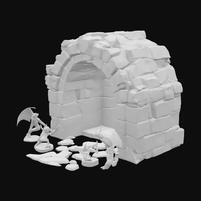 3D model for An interdimensional portal to a hellish dimension within an arch. Demonic figurines posing around the portal, fire and burned look, ultra realistic, detailed texture, #arch#