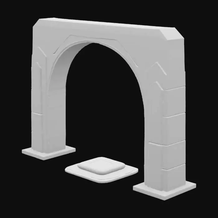 3D model for An Arch built from mathematical terms. Entrance has two pillars and no door. There is a keypad with small screen on the right. The arc is simplified, ultra realitic, soft pastel colors, scify style, #arch#