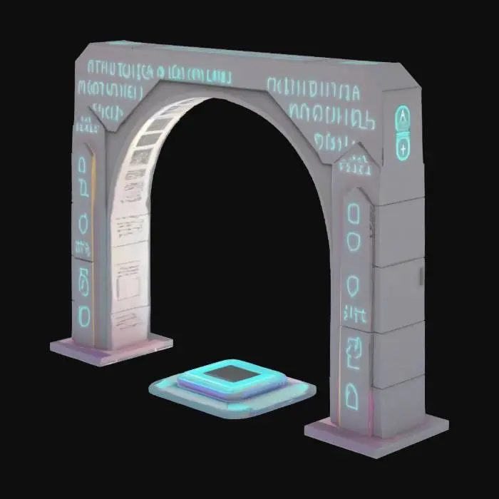 3D model for An Arch built from mathematical terms. Entrance has two pillars and no door. There is a keypad with small screen on the right. The arc is simplified, ultra realitic, soft pastel colors, scify style, #arch#