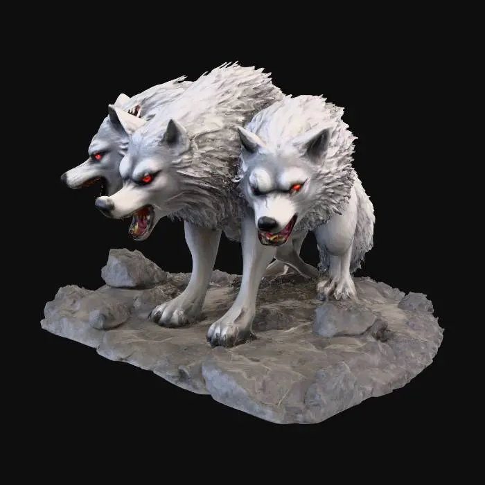3D model for a 3 headed wolf with razor sharp fangs piercing eyes