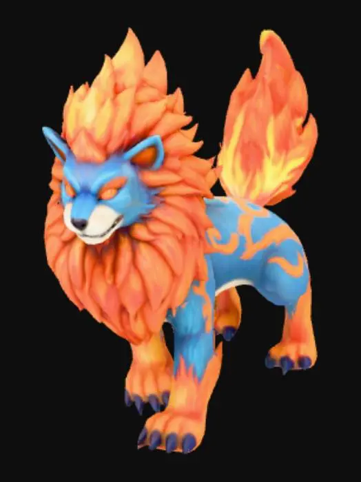3D model for A powerful fusion between an Entei and a Raikou pokemon. Highly detailed, fantasy, polished, full body