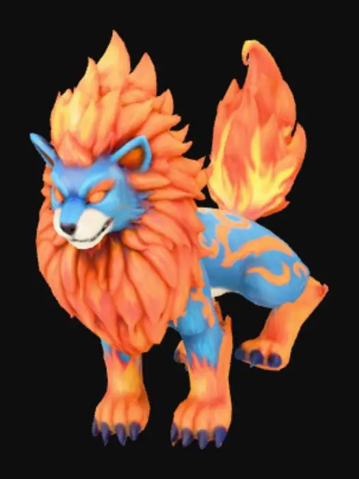 3D model for A powerful fusion between an Entei and a Raikou pokemon. Highly detailed, fantasy, polished, full body