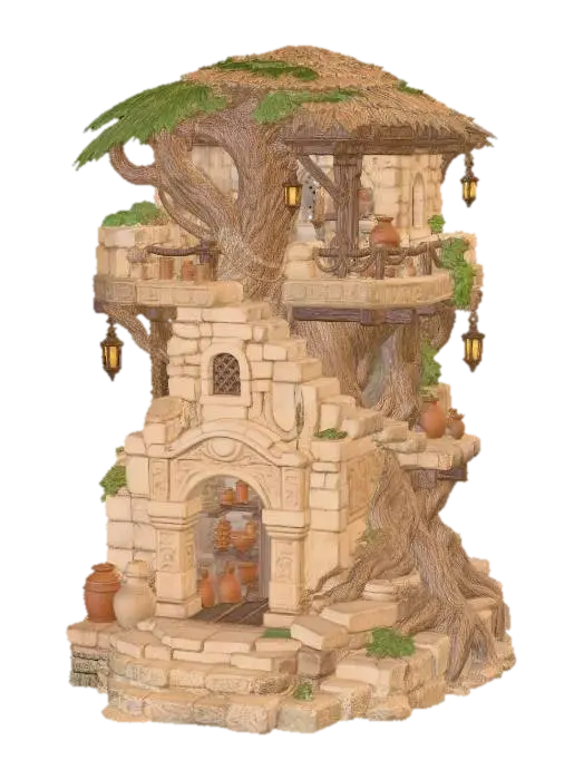 Stone Treehouse Sanctuary 3D model, vytvořený pomocí AI
