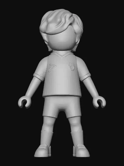 3D model for un muñeco playmobyl de los años 80 vestido del real madrid  a color para imprimir en una impresoras bamboo , que tenga movilidad , sea de pelo negro