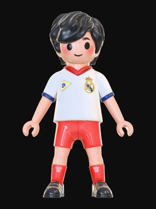 3D model for un muñeco playmobyl de los años 80 vestido del real madrid  a color para imprimir en una impresoras bamboo , que tenga movilidad , sea de pelo negro