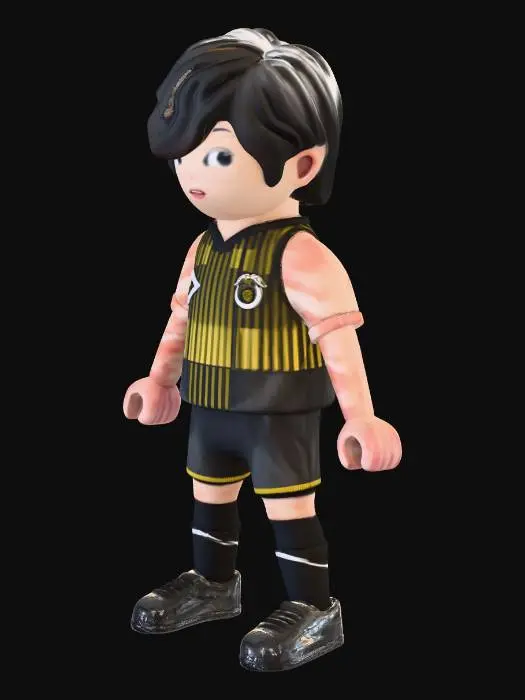 3D model for un muñeco playmobyl de los años 80 vestido del real madrid  a color para imprimir en una impresoras bamboo , que tenga movilidad , sea de pelo negro