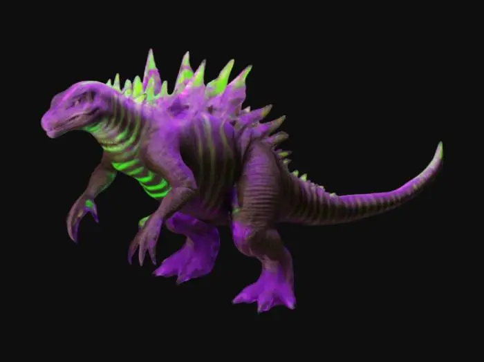 3D model for Design a dinosaur-like alien godzilla inspired by a ankylosaurus, featuring a sleek, agile body with rough, dark brown skin. Its back is lined with sharp, angular spikes, giving it a fierce and alien appearance. Along its body, neon-like stripes in purple and green glow brightly, creating an intense contrast with the earthy brown tones. The glowing stripes follow the contours of its muscular limbs and tail, adding an otherworldly, #bioluminescent#